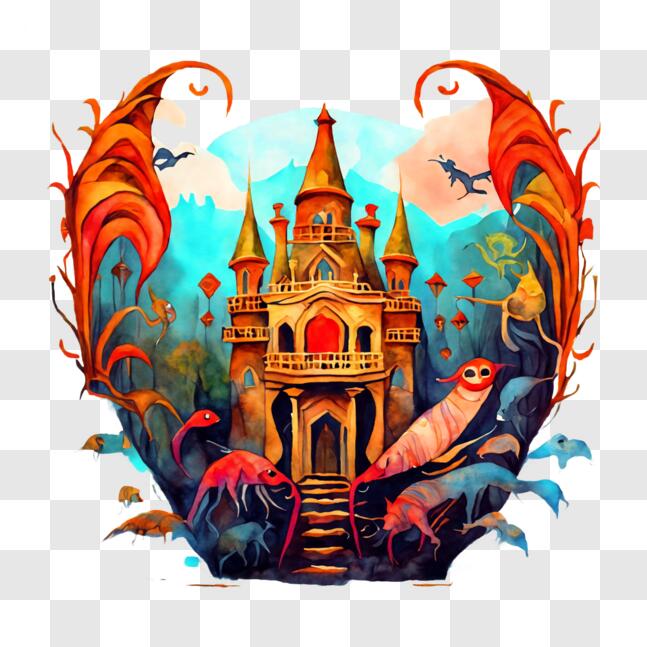 Download Fantasy Castle with Dragons and Fishes PNG Online - Creative ...