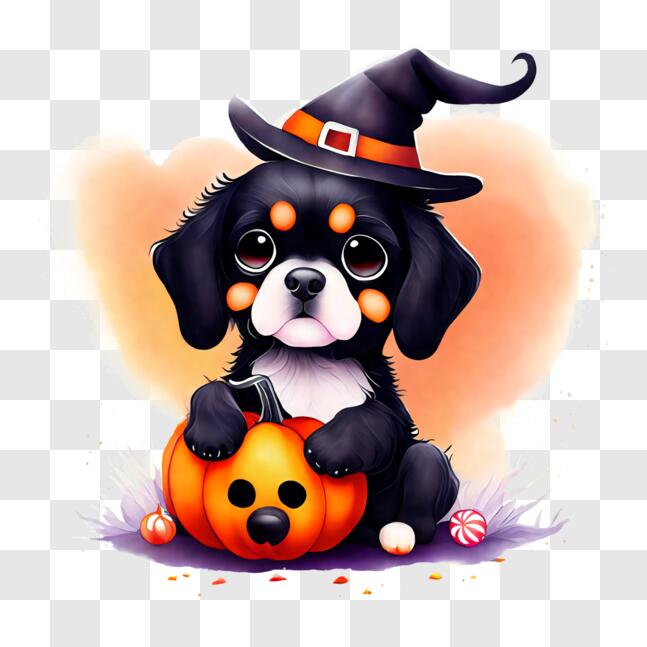 Download Cute Halloween Dog with Witch's Hat and Pumpkin PNGs Online ...