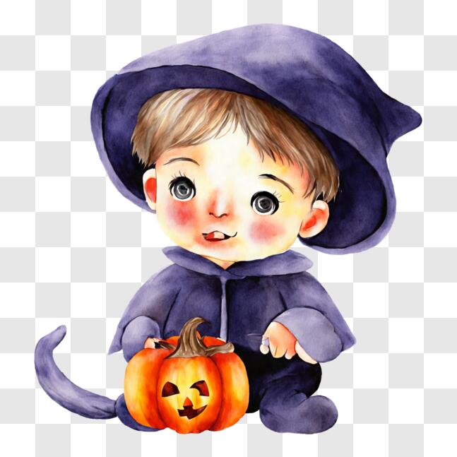 Um menino com uma fantasia de halloween fica em um campo.