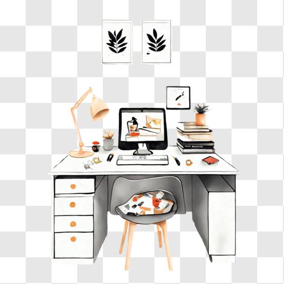 Scarica Configurazione moderna della scrivania con computer e decorazioni  PNG Online - Creative Fabrica