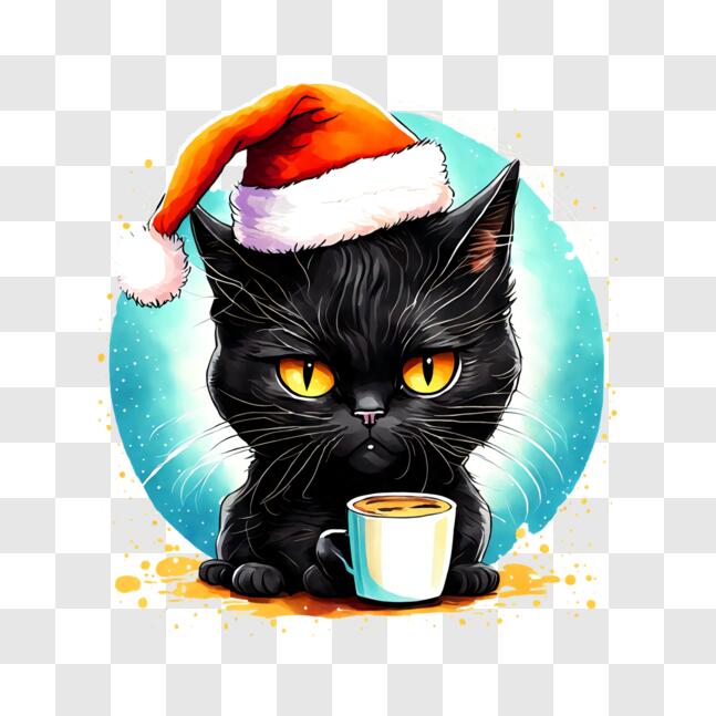 Download Black Cat Wearing Santa Hat Enjoying a Cup of Coffee PNG ...