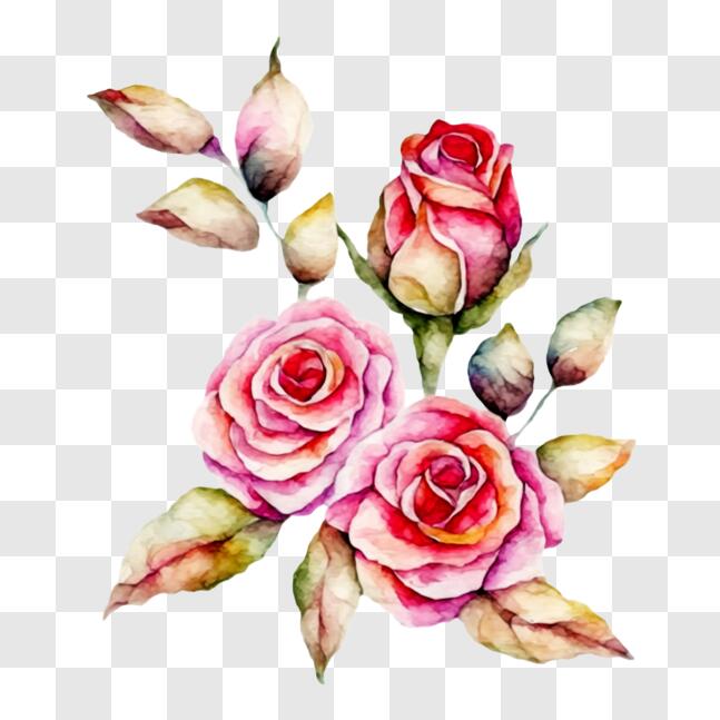 Download Watercolor Painting of Pink Roses with Green Leaves PNGs ...