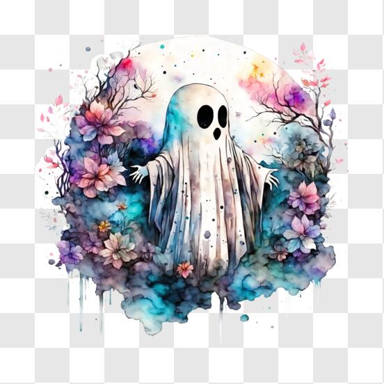 Colorful Ink Ghost Download White Ghost Among Colorful Flowers and Leaves PNGs Online ...