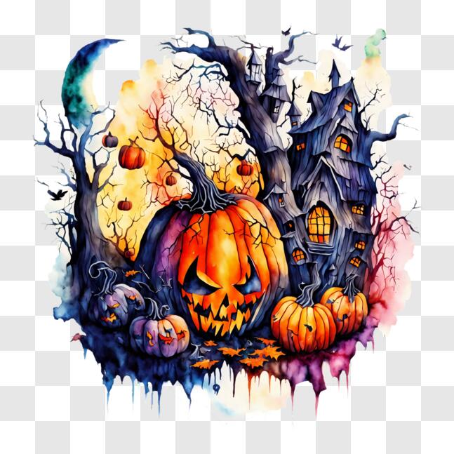 Download Halloween Watercolor Painting with Pumpkins and Ghosts PNGs ...