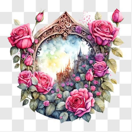 Descarga Marco ornamentado con rosas rosadas y pintura de castillo PNG En  Línea - Creative Fabrica