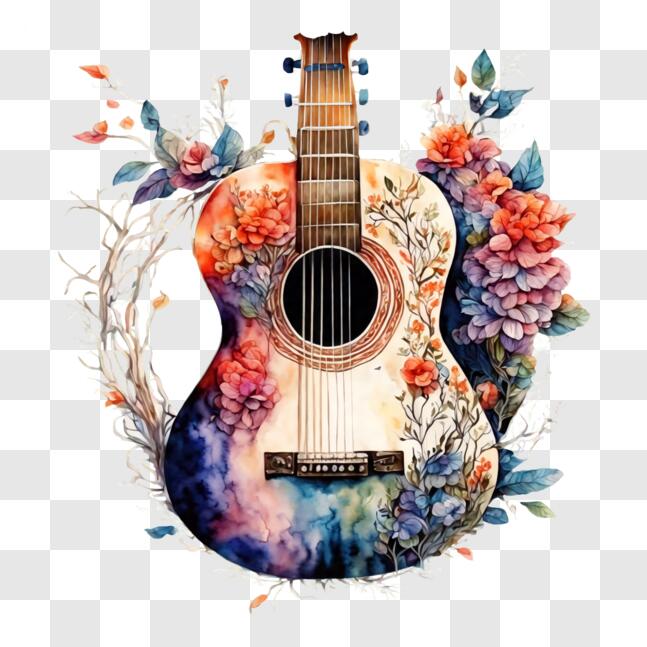Download Acoustic Guitar surrounded by Colorful Flowers and Leaves PNG