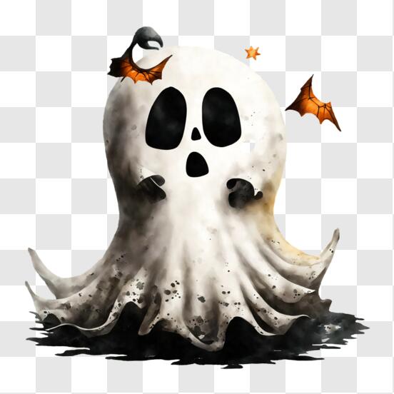 Baixe Silhueta de Fantasma de Halloween com Morcegos PNG