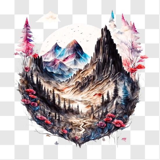 Télécharger Beau paysage avec montagnes, arbres et fleurs PNG En Ligne - Creative  Fabrica