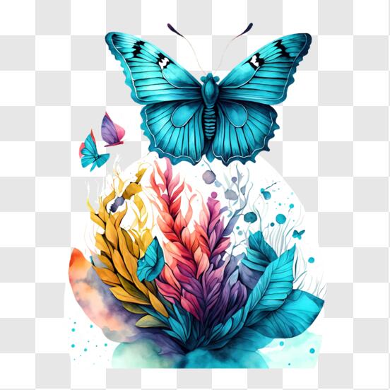 Sticker Mural Fleur Fleurs aquarelles bleues avec des papillons