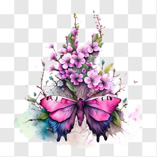 Download Purple Butterfly with Pink Roses PNGs Online - Creative Fabrica