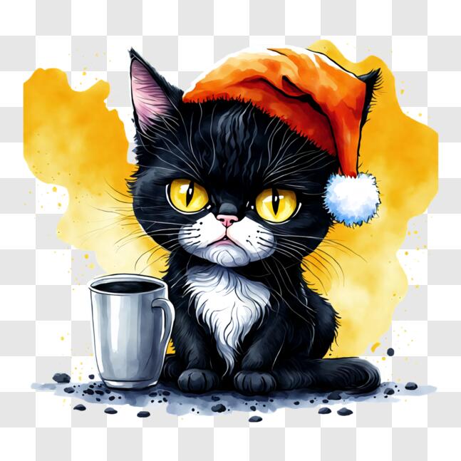 Download Curious Cat with Santa Claus Hat and Coffee Mug PNG Online ...