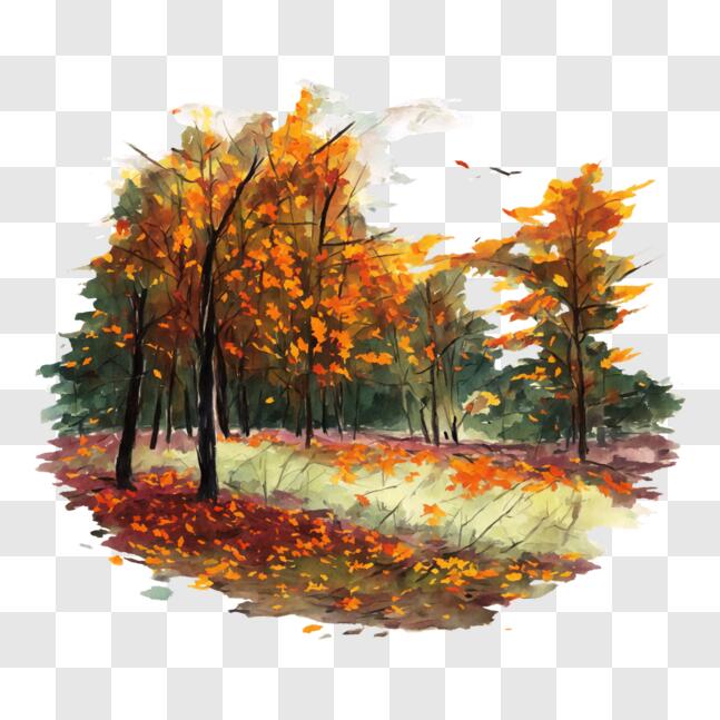 Download Autumn Forest Watercolor Painting with Birds PNG Online ...