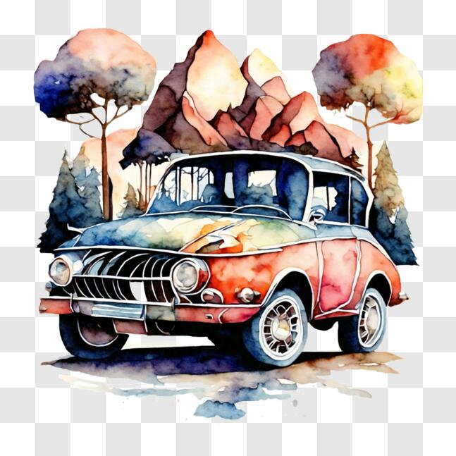 Download Watercolor painting of a vintage car in front of mountains and ...