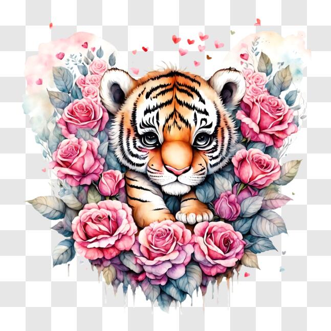 Download Baby Tiger Surrounded by Pink Roses and Butterflies PNG Online ...