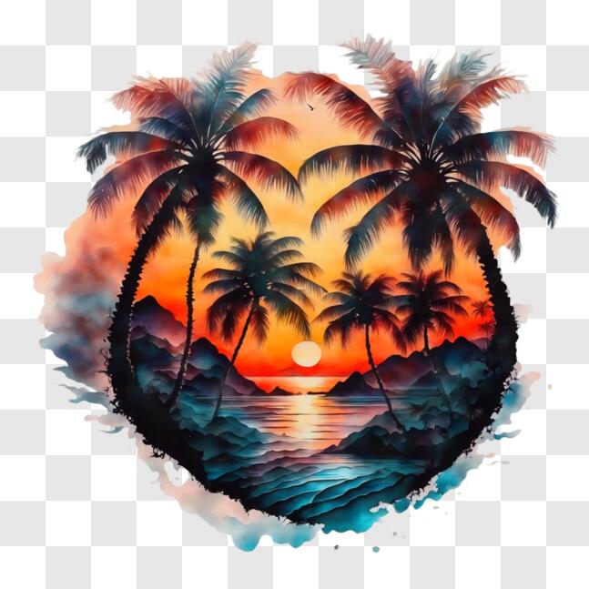 Download Watercolor Painting of Palm Trees and Sunset over the Ocean ...