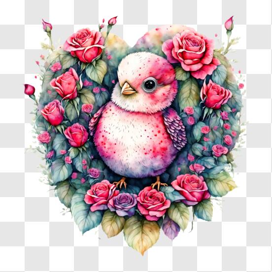 Scarica Uccello rosa amichevole a forma di cuore di fiori PNG
