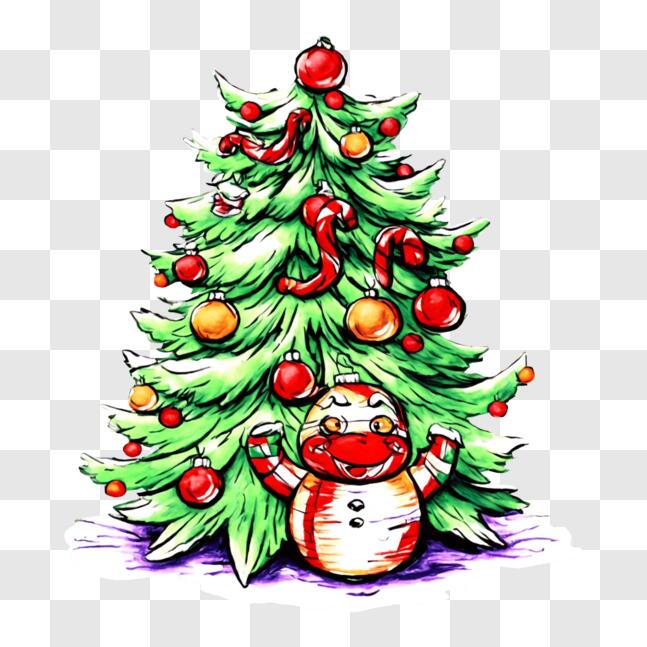Download Cartoon Snowman with Decorated Christmas Tree PNG Online ...