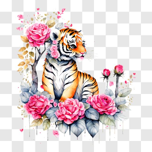 Download Tiger in a Floral Setting PNG Online - Creative Fabrica