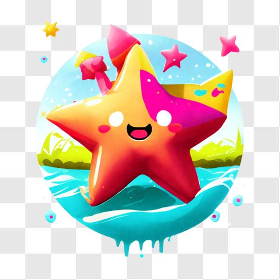 Glücklicher Cartoon-Stern im Wasser mit umgebenden Sternen PNG