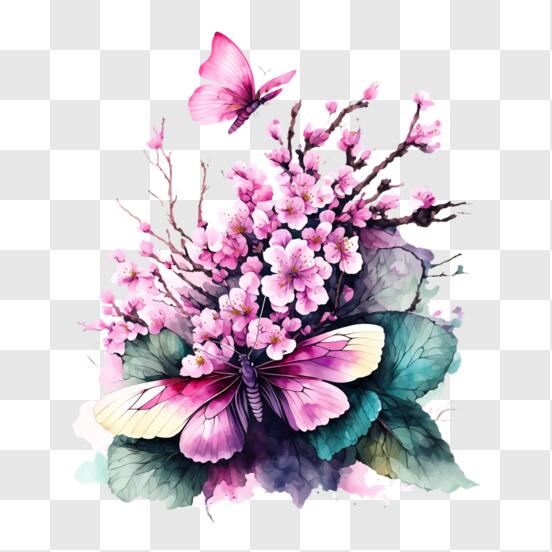 Download Butterfly Artwork with Pink Blossoms and Water Drops PNG Online -  Creative Fabrica