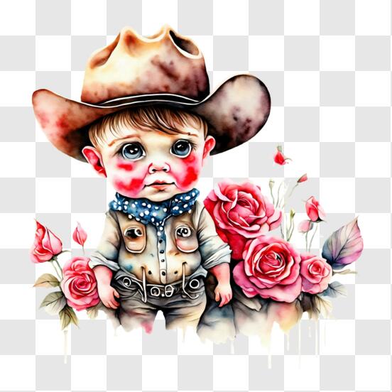 Scarica Immagine artistica di un bambino con cappello da cowboy circondato  da rose PNG Online - Creative Fabrica