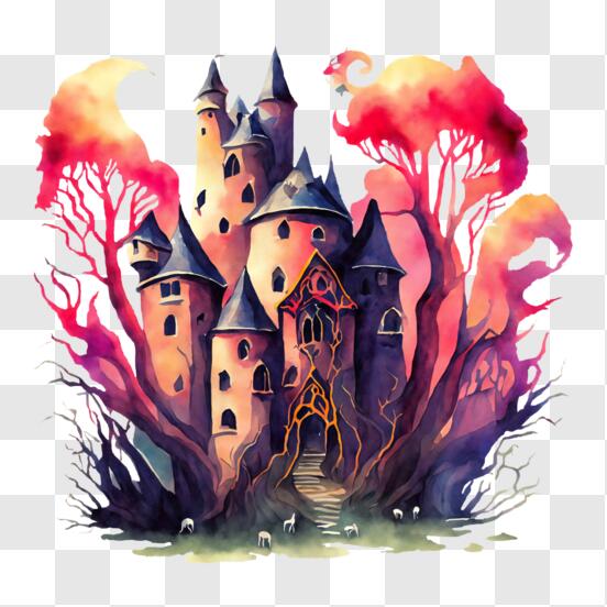 Linda bruxa na floresta perto de um castelo · Creative Fabrica
