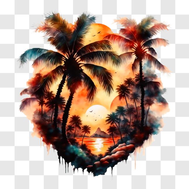 Download Colorful Heart-shaped Painting with Palm Trees and Sunset PNG ...
