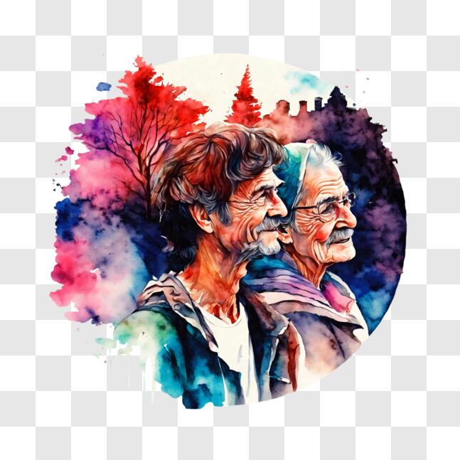 Download Watercolor Painting of Happy Elderly Couple PNG Online ...
