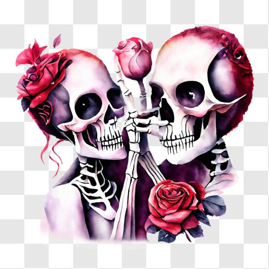 Download Romantic Skeletons Holding Hands with Pink Roses PNGs Online ...
