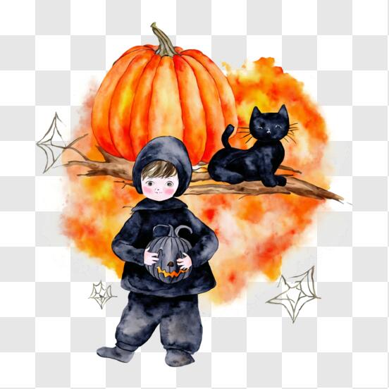 Scarica Bambino in Costume di Gatto Nero con Zucca PNG Online - Creative  Fabrica