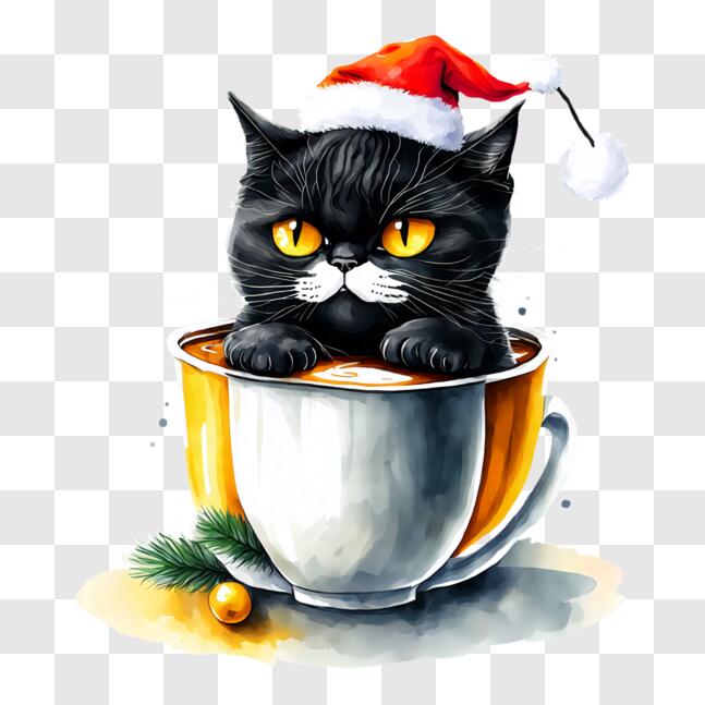 Download Adorable Black Cat Enjoying Hot Cocoa in Santa Hat PNG Online ...