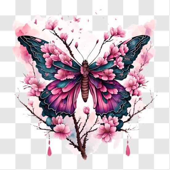 Download Butterfly Artwork with Pink Blossoms and Water Drops PNG Online -  Creative Fabrica