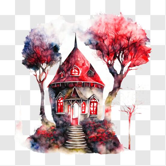 Desenho fácil para colorir: uma árvore e uma casa debaixo de um · Creative  Fabrica