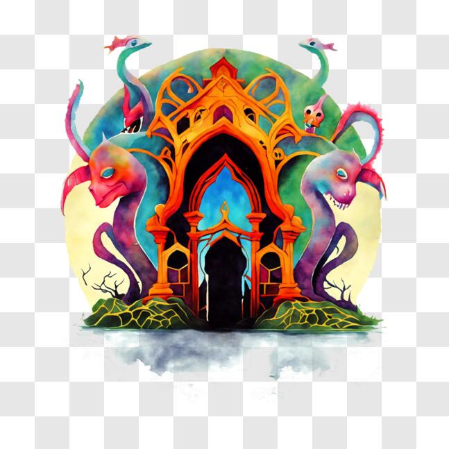 Download Fantasy-themed Painting With Colorful Monsters And Dragons Png 