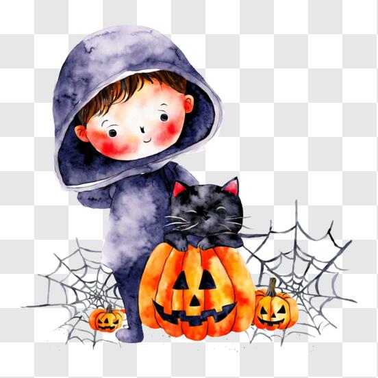 Scarica Adorabile bambino che celebra Halloween con le zucche e un gatto  nero PNG Online - Creative Fabrica