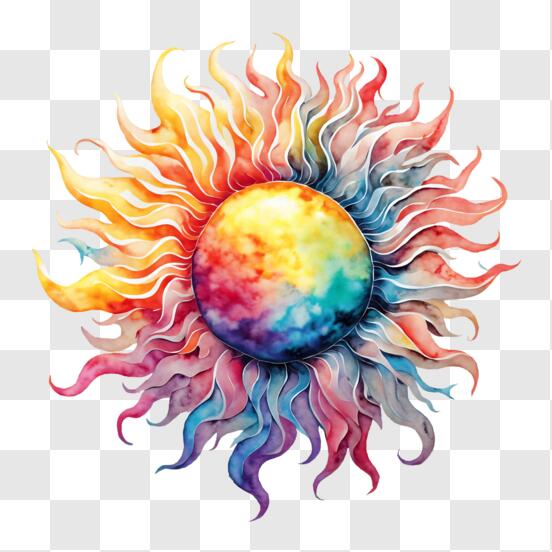 Download Stylized Depiction of a Glowing Sun with Colorful Rays PNGs ...