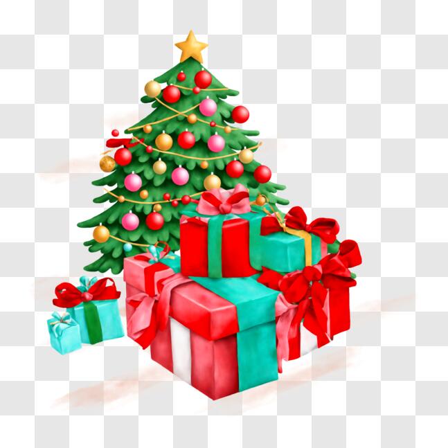 Festlicher Weihnachtsbaum mit Geschenken und Dekorationen PNG