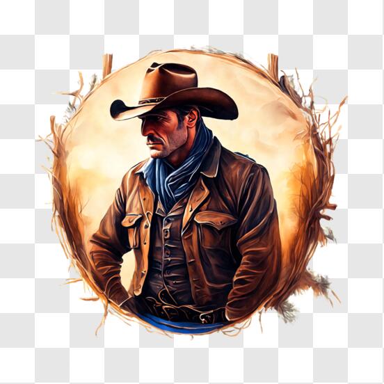 Homme au chapeau de cowboy marron assis sur le sol bleu photo