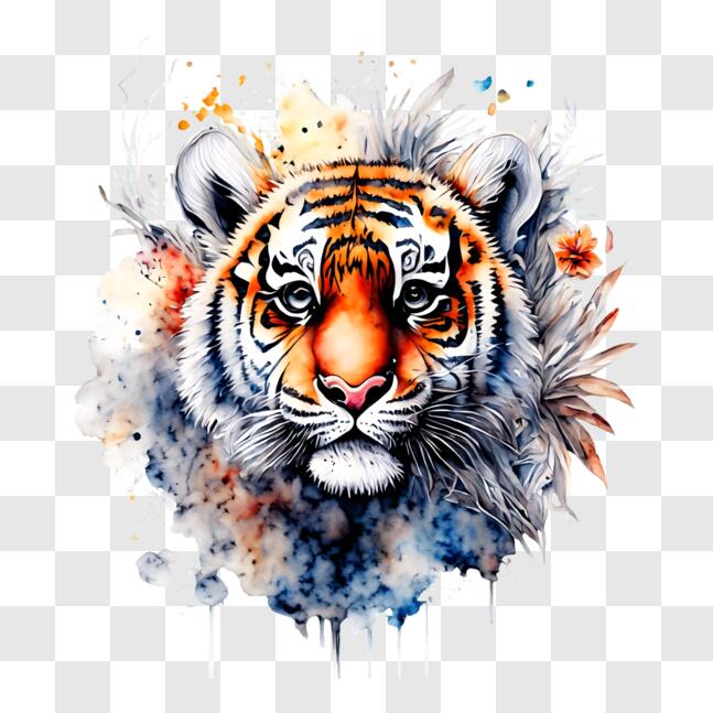 Download Colorful Abstract Tiger Painting with Floral Background PNG ...