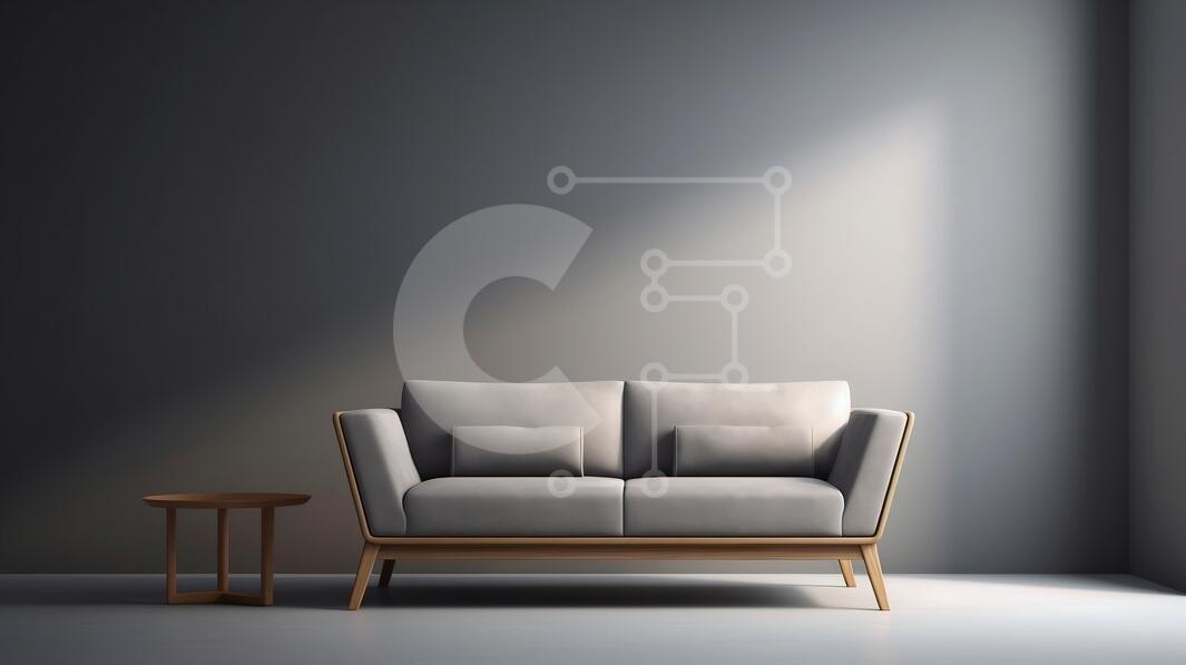 Modern Minimalist Living Room with Light-Colored Couch stock photo