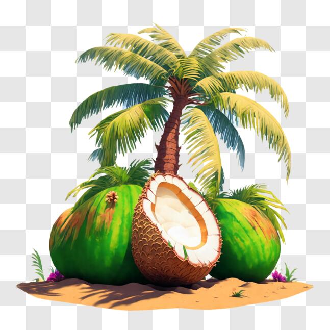 Download Tropical Beach Scene with Coconut Tree and Green Coconuts PNG ...