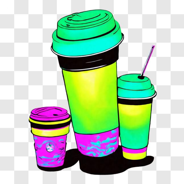 Download Colorful Coffee Cups Drawing with Straws PNG Online Creative