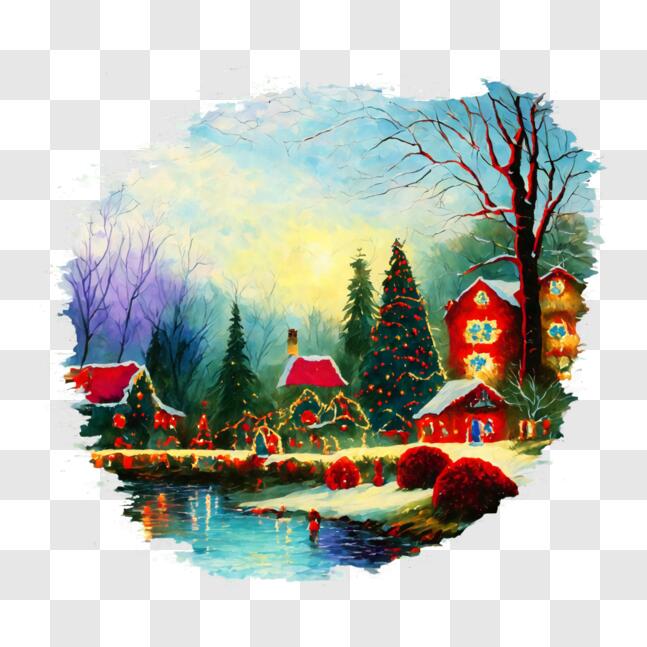 Download Idyllic Christmas Village Painting PNG Online - Creative Fabrica