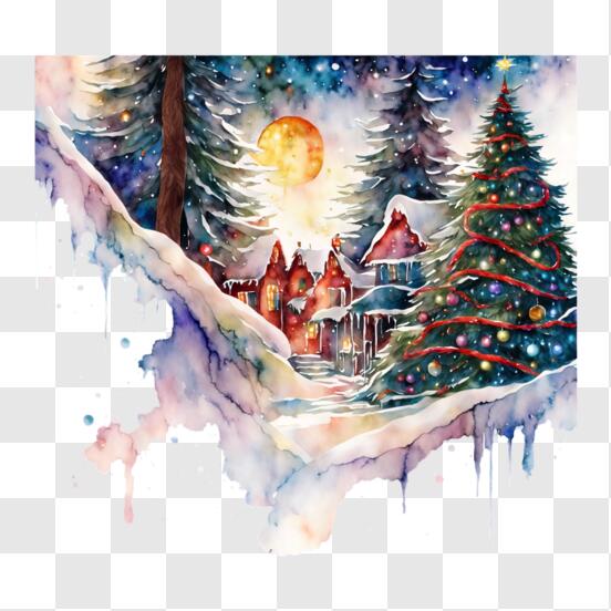 Pintura em Aquarela de Inverno com Paisagens Nevadas e Árvore de Natal PNG