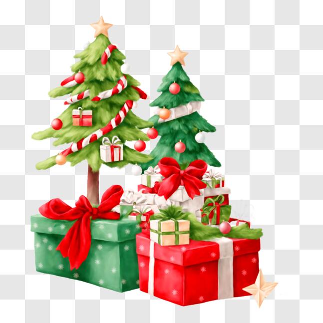 Download Festive Painting of Christmas Trees and Gift Boxes PNG Online ...