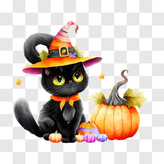 Scarica Gatto nero con cappello da strega e zucche - Tema di Halloween PNG  Online - Creative Fabrica