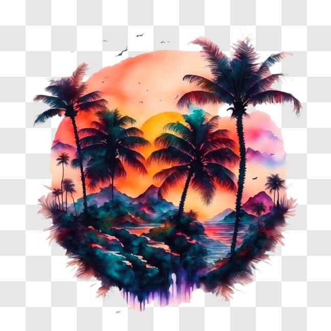 Download Watercolor Palm Trees and Sunset Background PNG Online ...