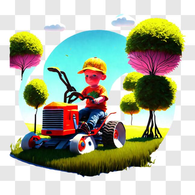 Download Young Boy Riding Lawn Mower in Nature PNGs Online Creative