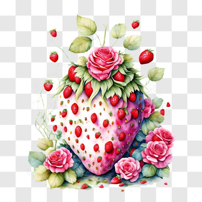Download Strawberry and Pink Roses Artwork PNG Online - Creative Fabrica