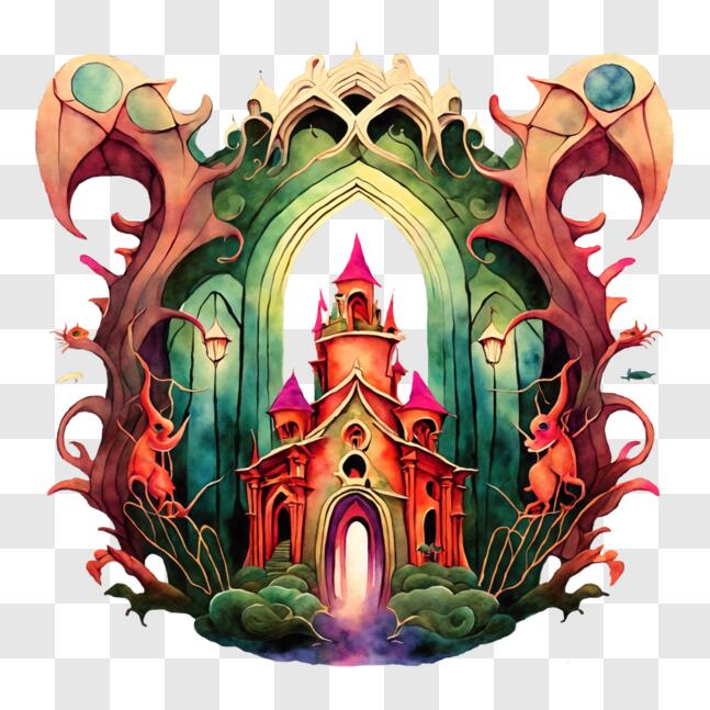 Download Fantasy Castle Painting with Dragons and Fairytale Creatures ...